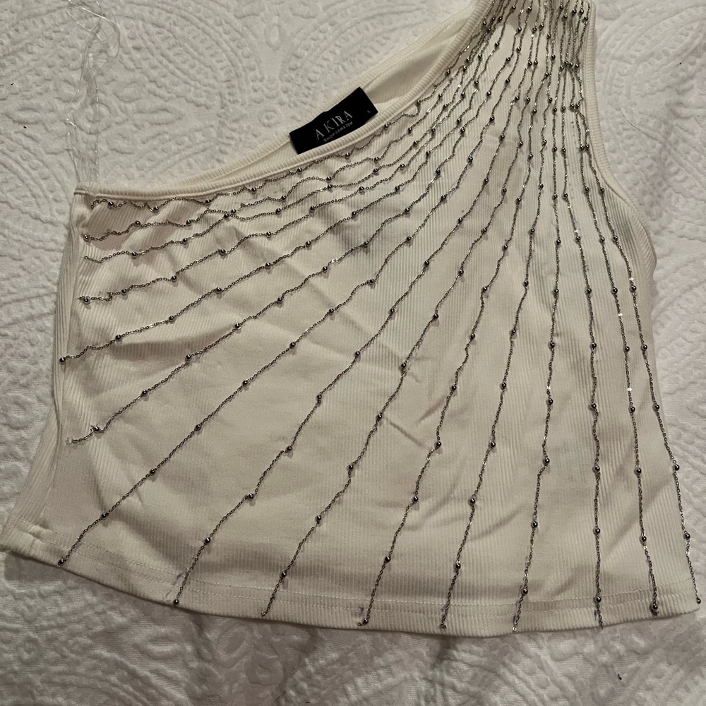 Akira Selene Rhinestone Ribbed One-Shoulder Crop Tank | Large
